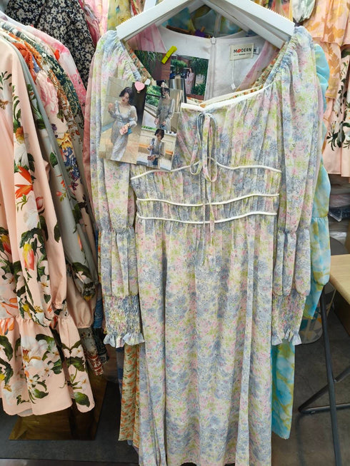 Summer Wide Neckline Aesthetic Bishop Sleeves Chiffon Maxi Dress